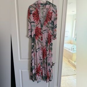 Anthropologie Blnk London Pink Maxi Dress with Red Floral and Green Leaf Print